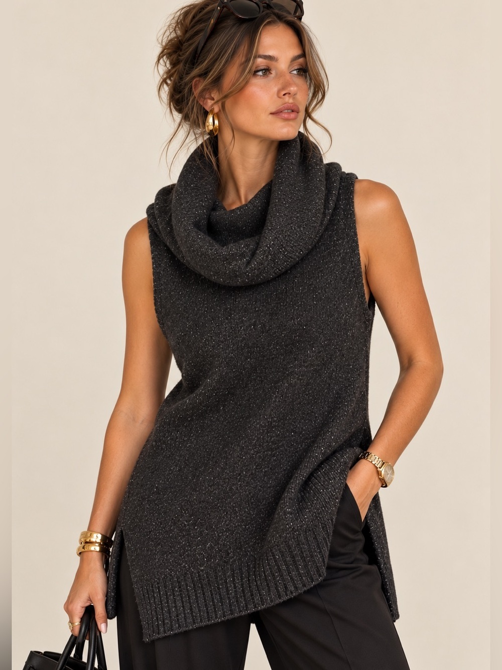 Mia Mai Italian Wool Silk Cowl Neck Sweater Vest Charcoal Gray L Quiet Luxury